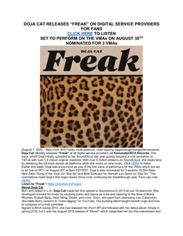 DOJA CAT RELEASES “FREAK” on DIGITAL SERVICE PROVIDERS for FANS CLICK HERE to LISTEN SET to PERFORM on the Vmas on AUGUST 30TH NOMINATED for 3 Vmas