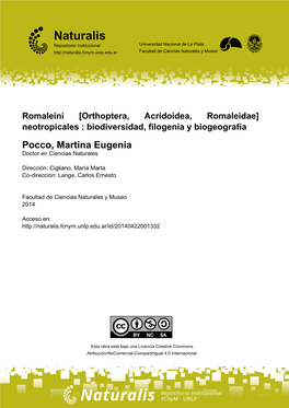 Orthoptera, Acridoidea, Romaleidae] Neotropicales : Biodiversidad, Filogenia Y Biogeografía Pocco, Martina Eugenia Doctor En Ciencias Naturales