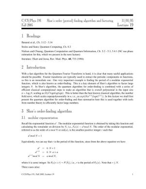 Lecture 19 1 Readings 2 Introduction 3 Shor's Order-Finding Algorithm