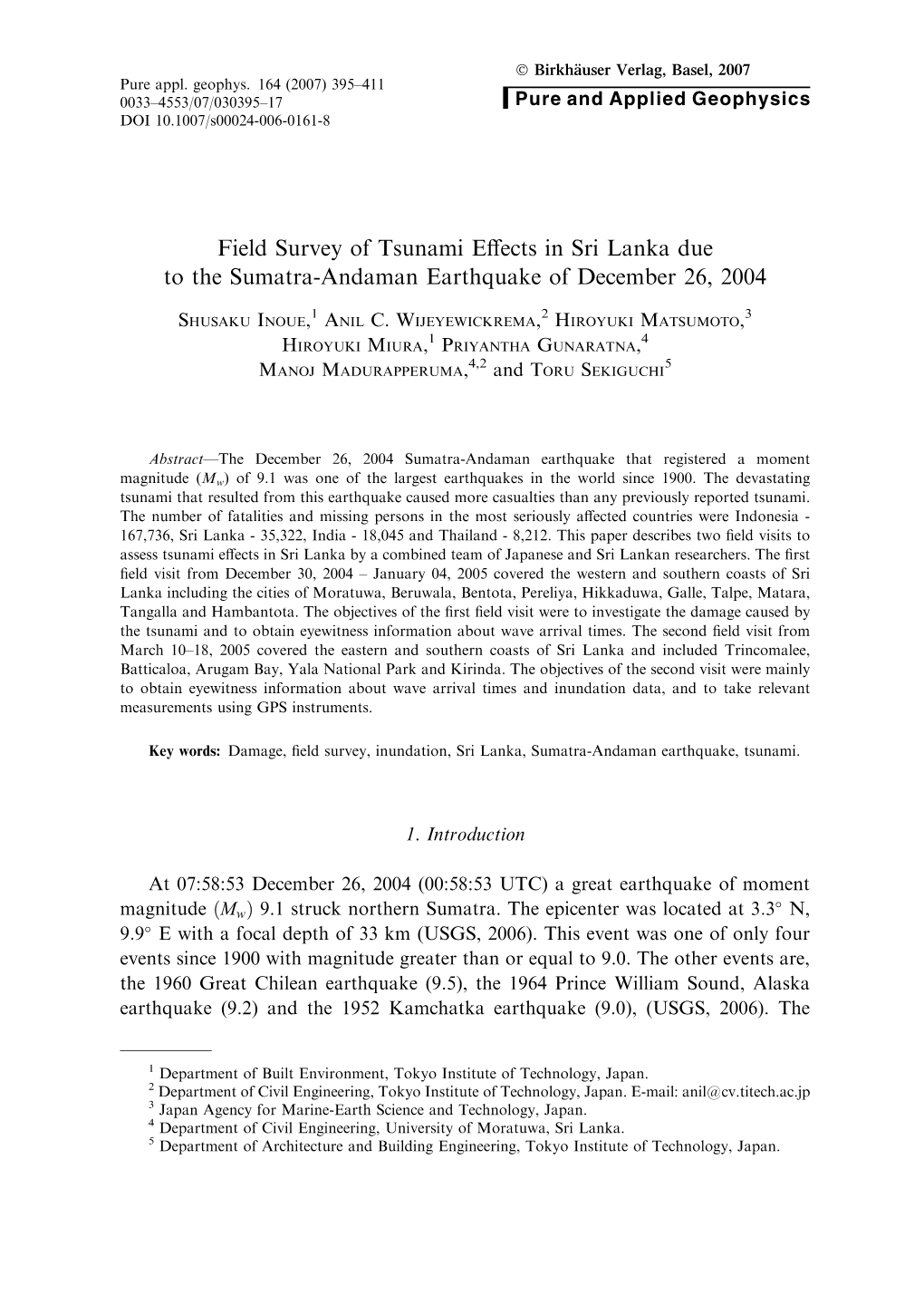 Field Survey of Tsunami Effects in Sri Lanka Due to the Sumatra