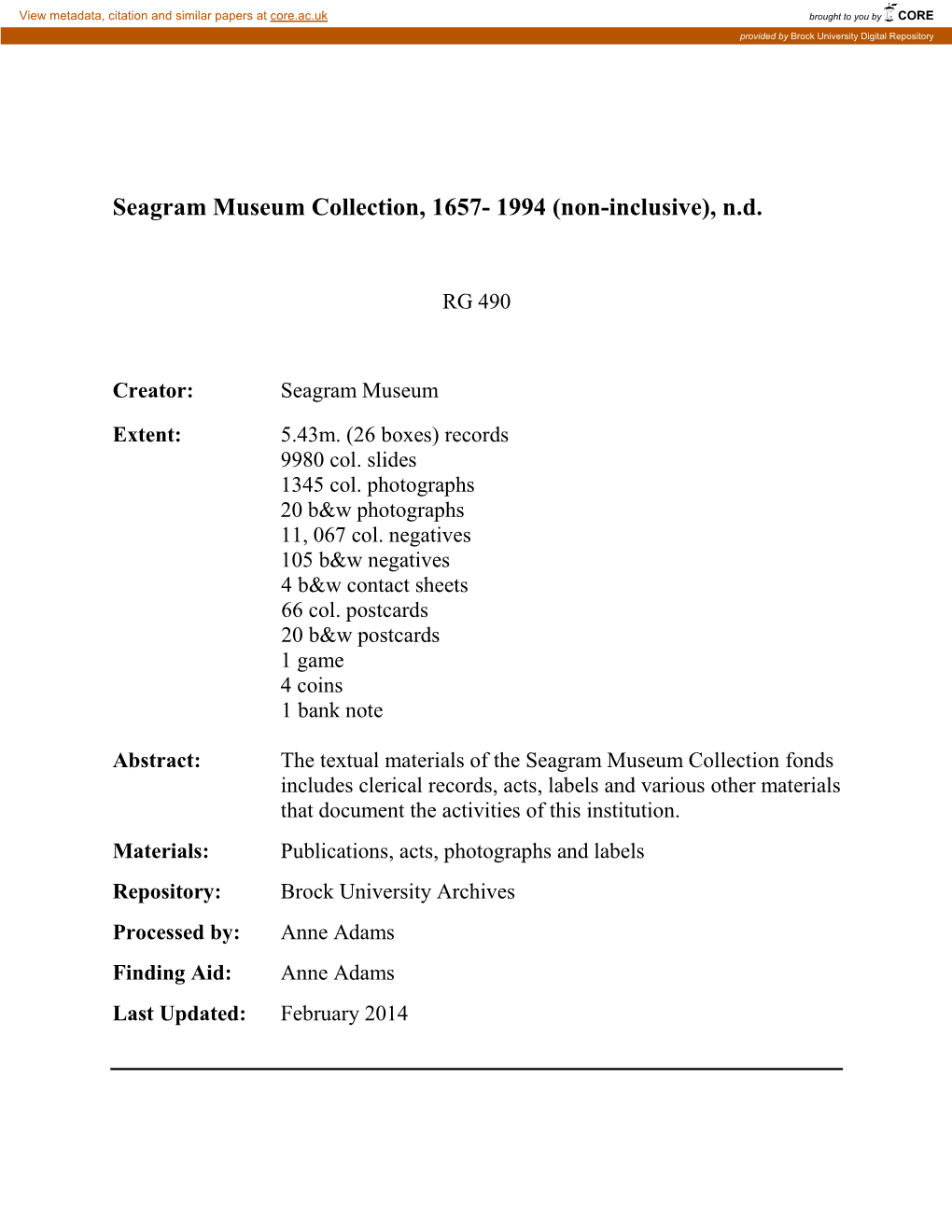 Seagram Museum Collection, 1657- 1994 (Non-Inclusive), N.D