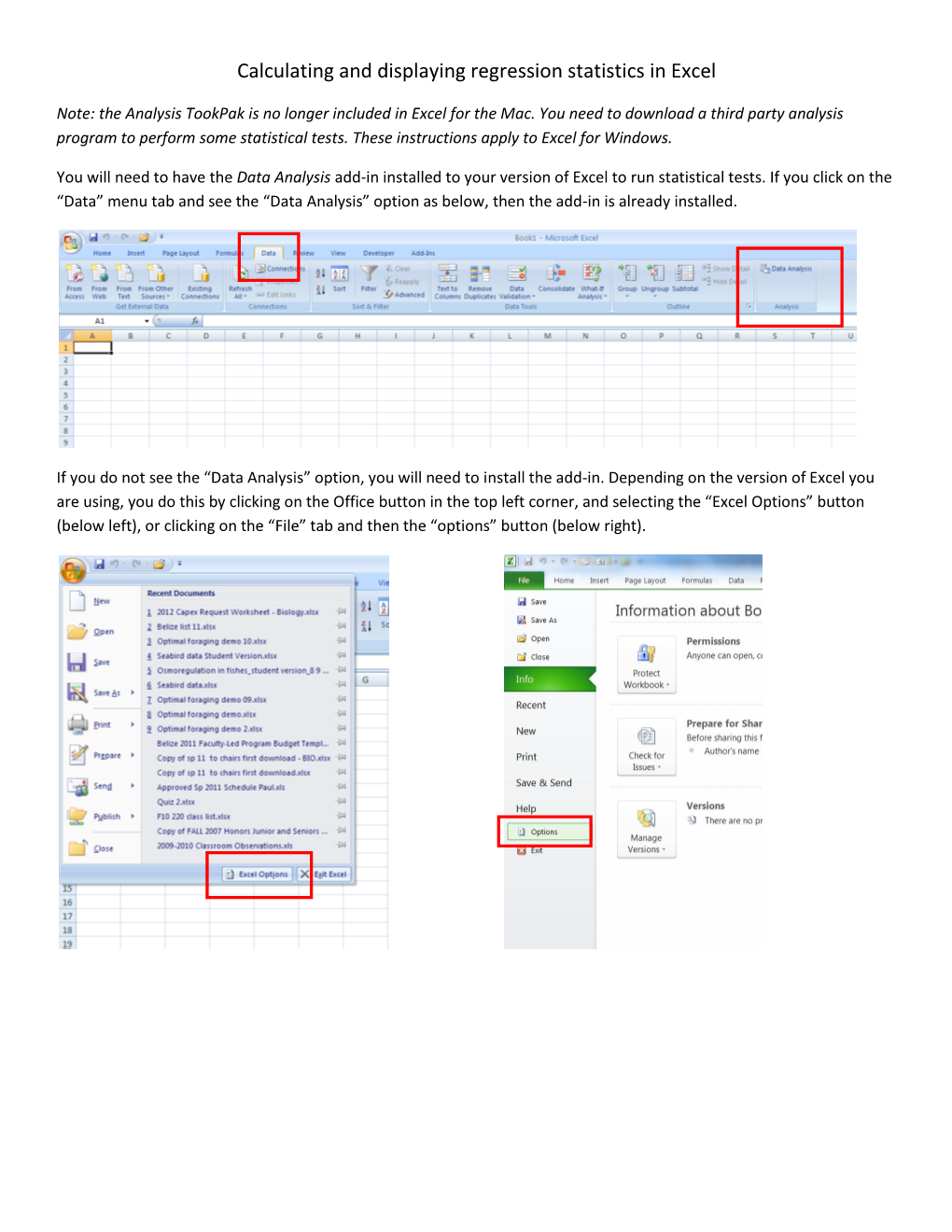 Calculating and Displaying Regression Statistics in Excel