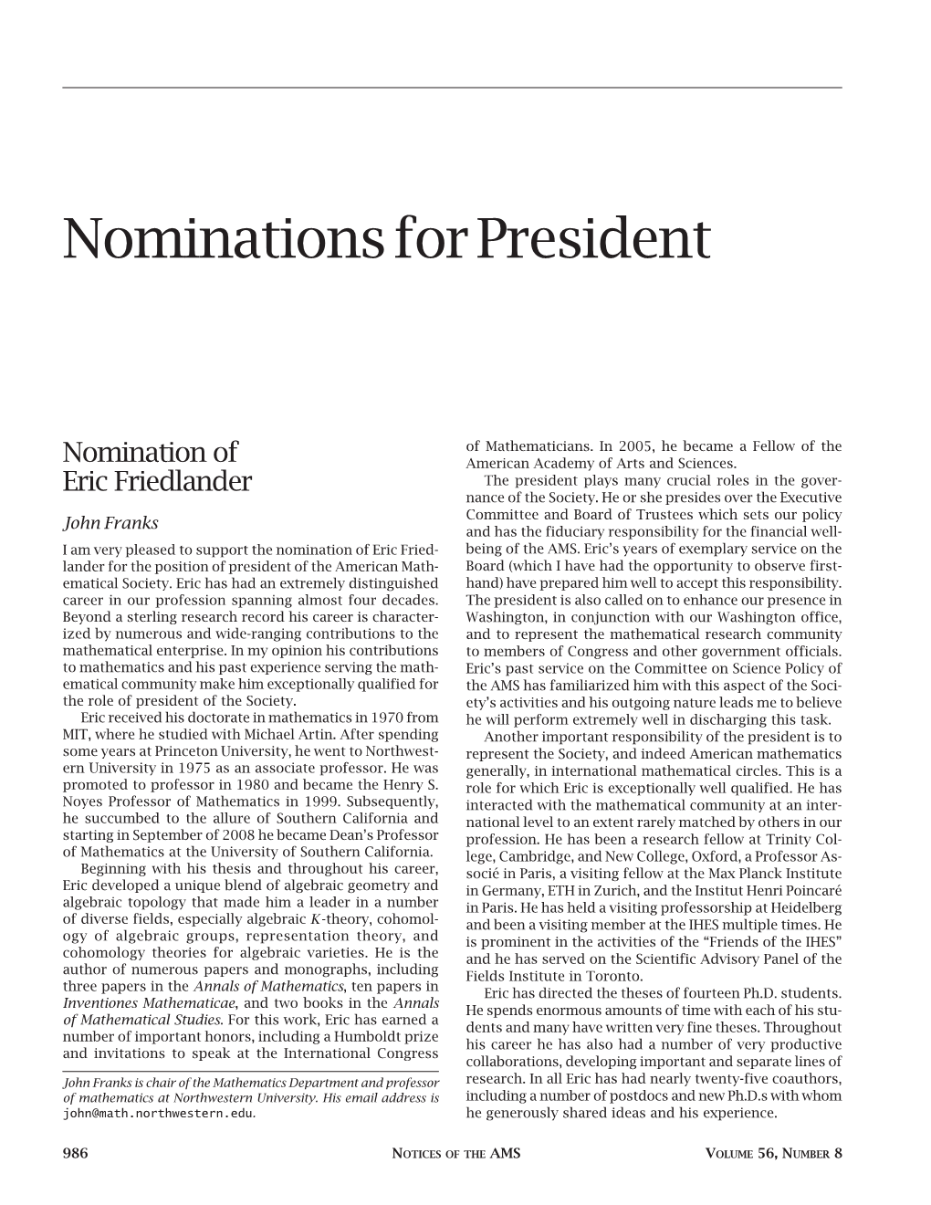 Nominations for President