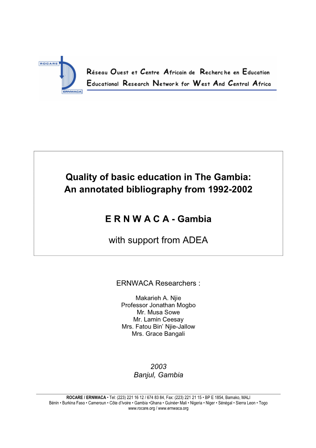 Quality of Basic Education in the Gambia: an Annotated Bibliography from 1992-2002
