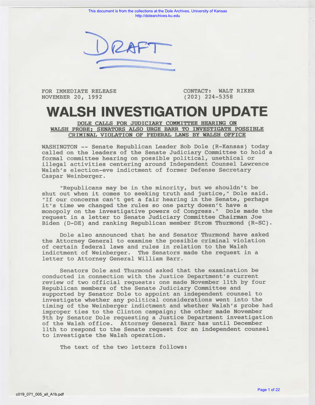 Walsh Investigation Update