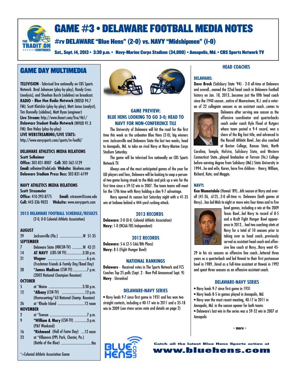 GAME #3 • DELAWARE FOOTBALL MEDIA NOTES #Rv DELAWARE “Blue Hens” (2-0) Vs