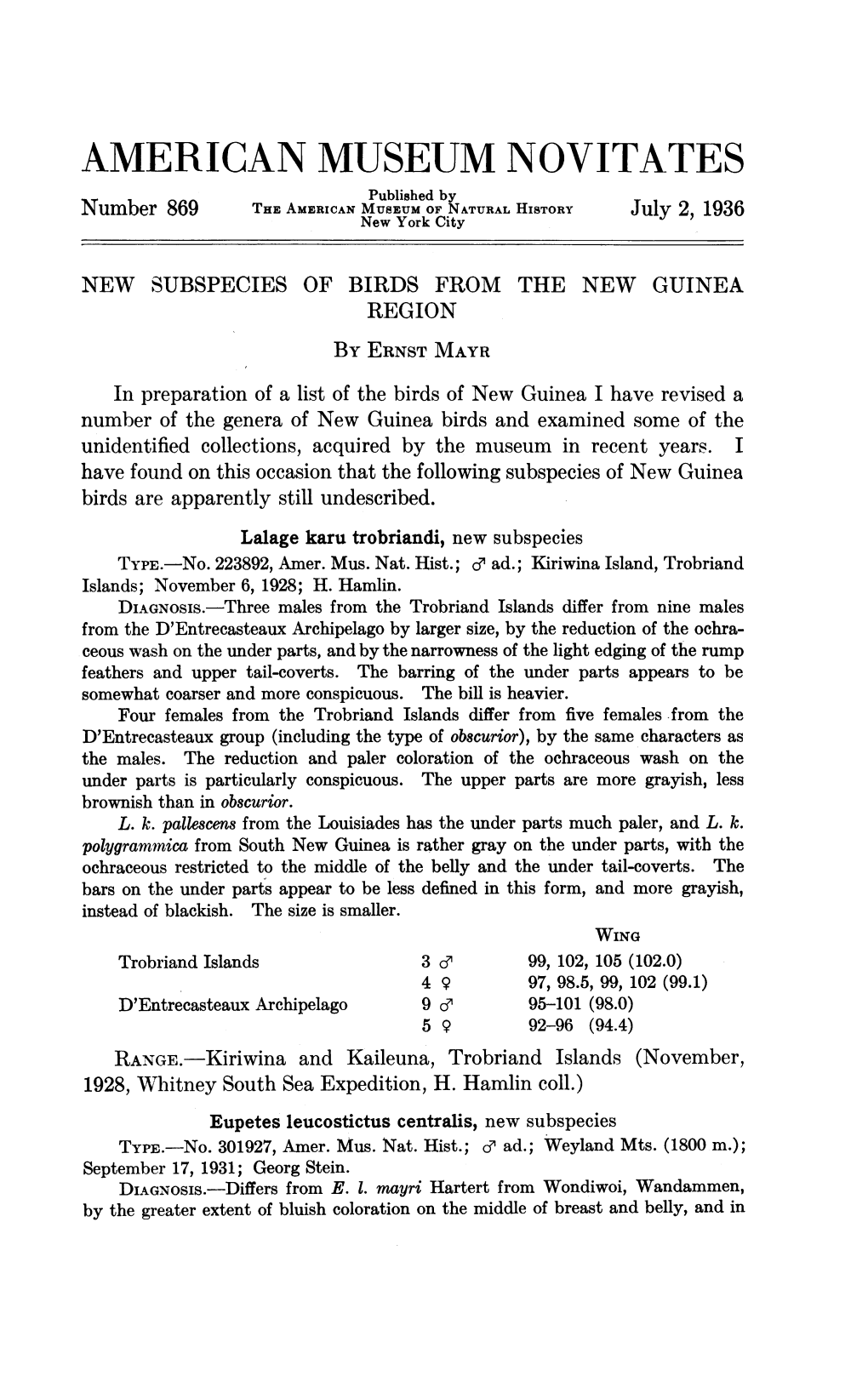 AMERICAN MUSEUM NOVITATES Published by Number 869 THEF AMERICAN MUSEUM of NATURAL HISTORY July 2, 1936 New York City