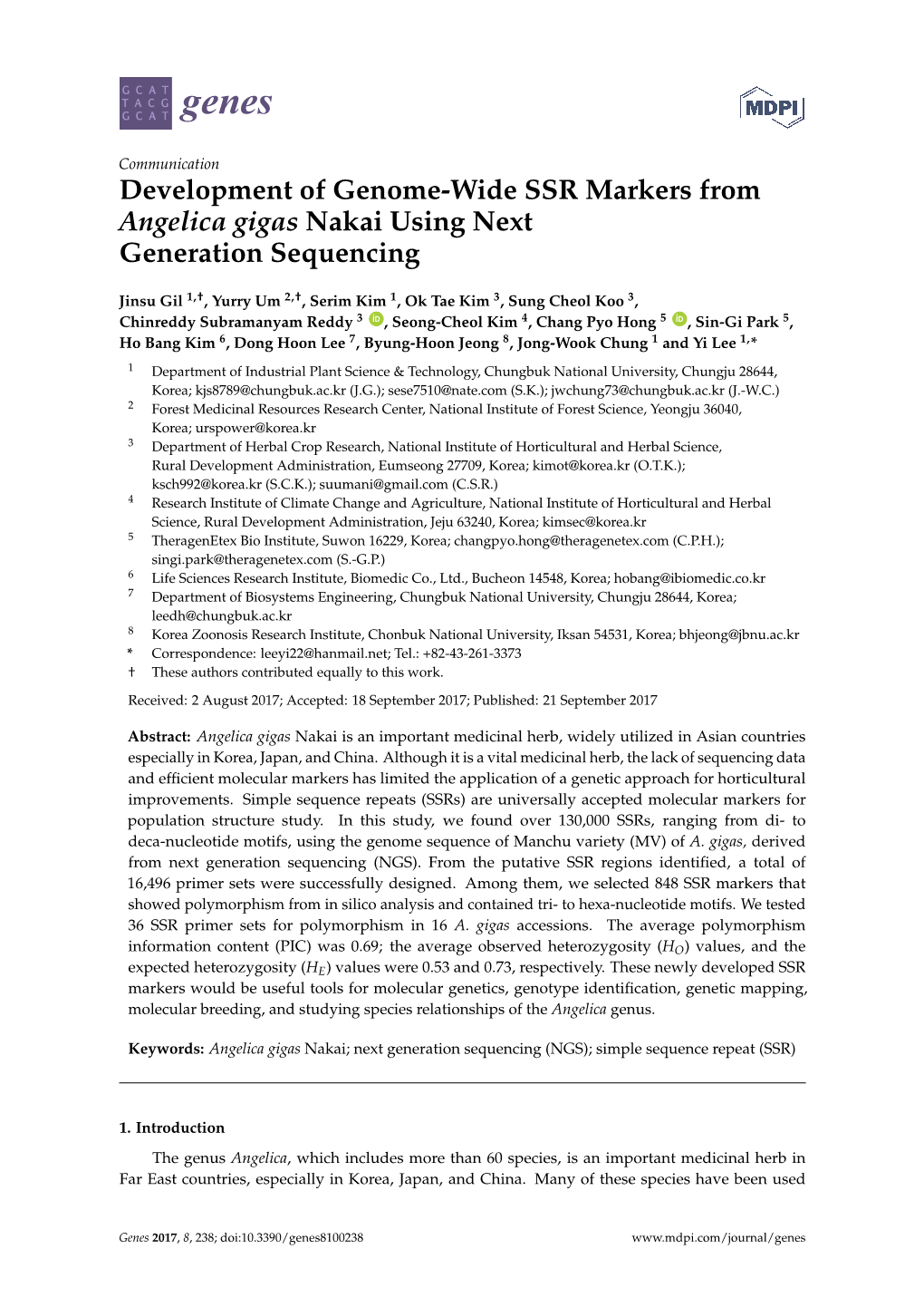 Development of Genome-Wide SSR Markers from Angelica Gigas Nakai Using Next Generation Sequencing