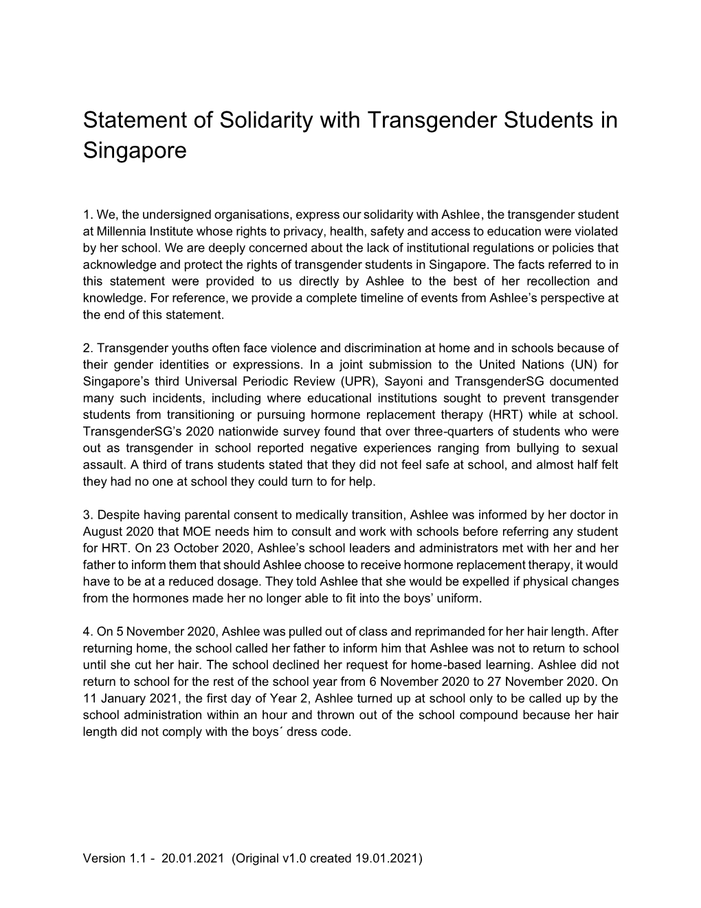 Statement of Solidarity with Transgender Students in Singapore