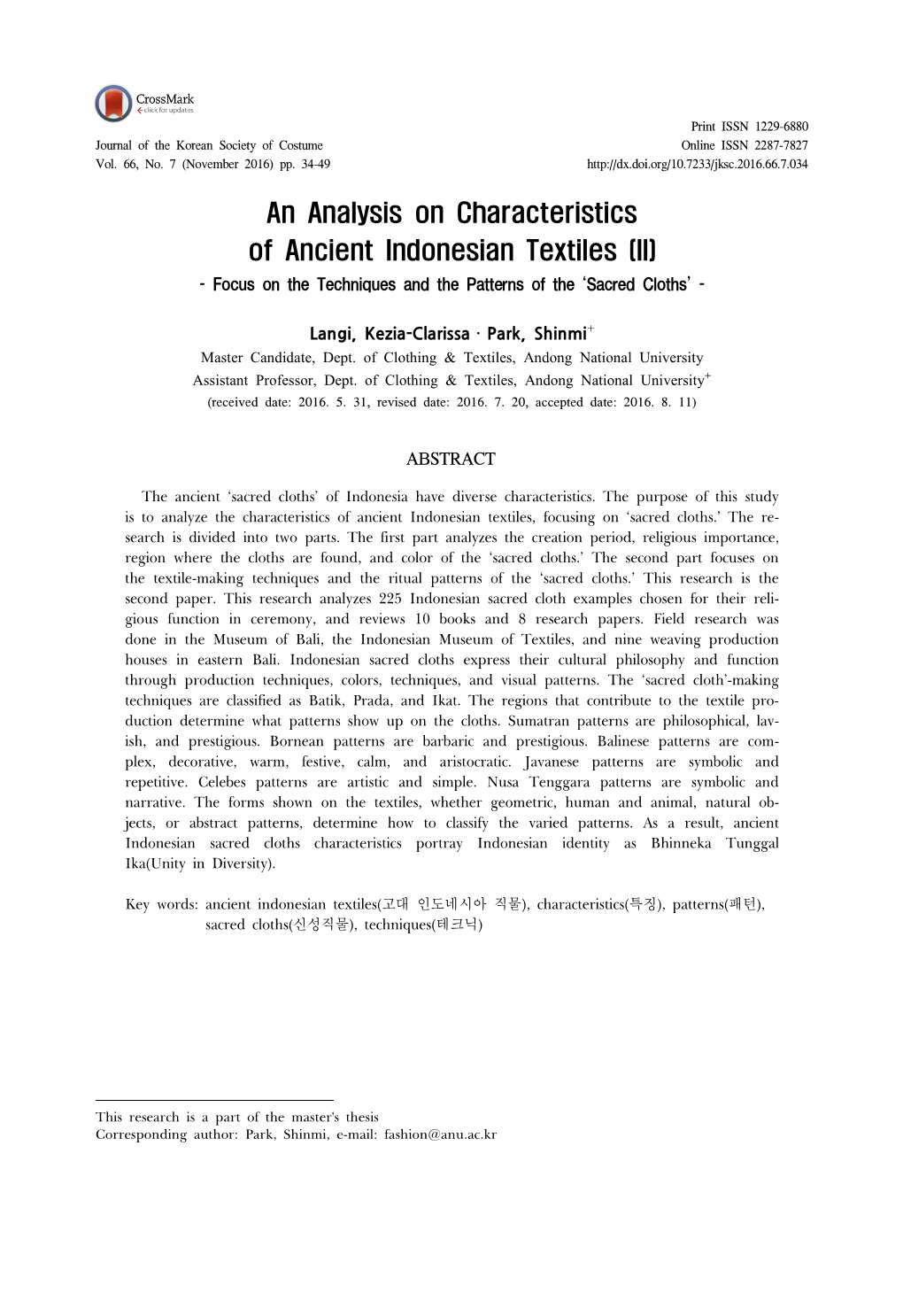 An Analysis on Characteristics of Ancient Indonesian Textiles (II) - Focus on the Techniques and the Patterns of the ‘Sacred Cloths’