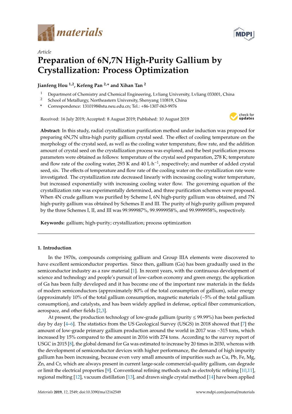 Preparation of 6N,7N High-Purity Gallium by Crystallization: Process Optimization