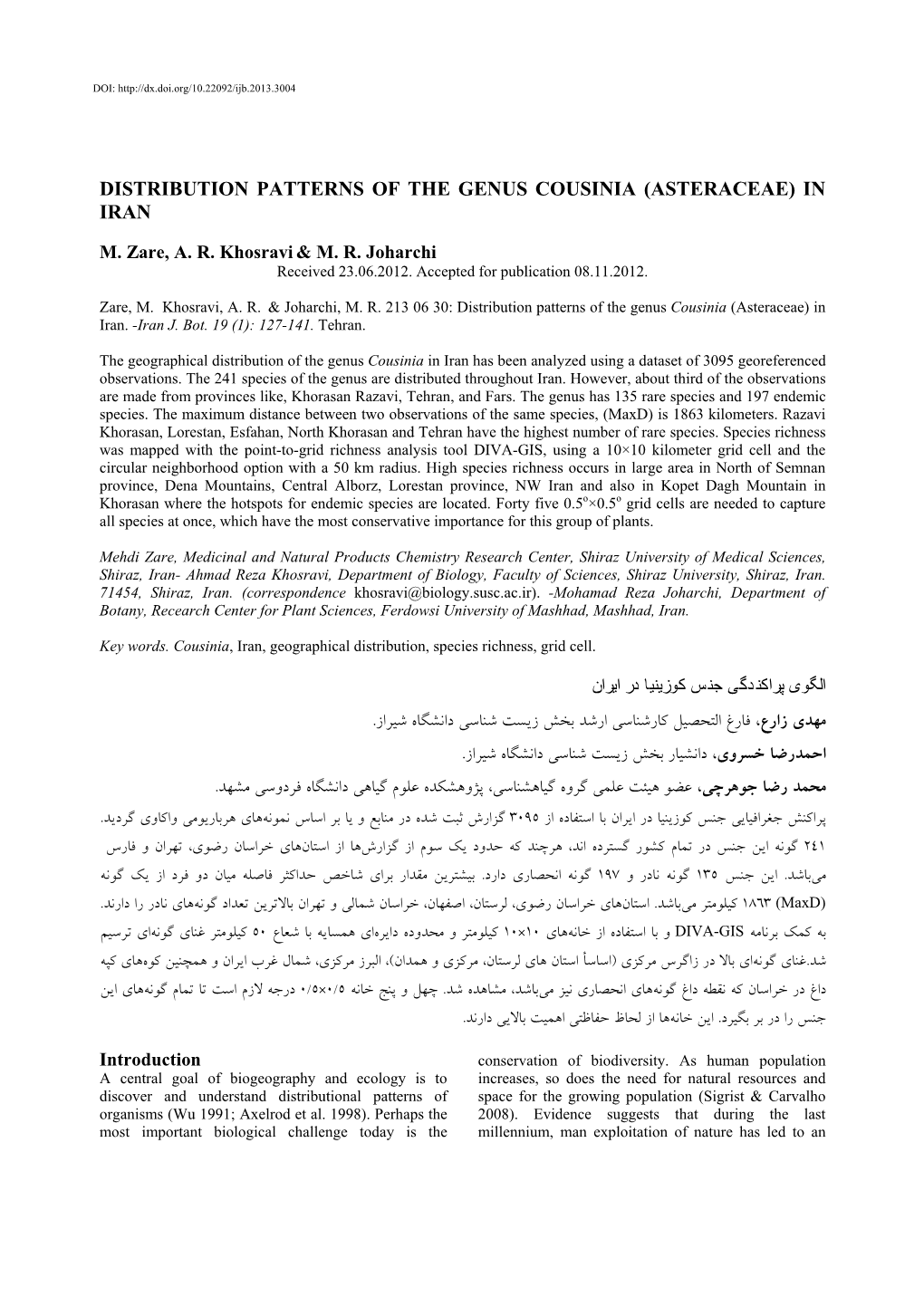 Distribution Patterns of the Genus Cousinia (Asteraceae) in Iran