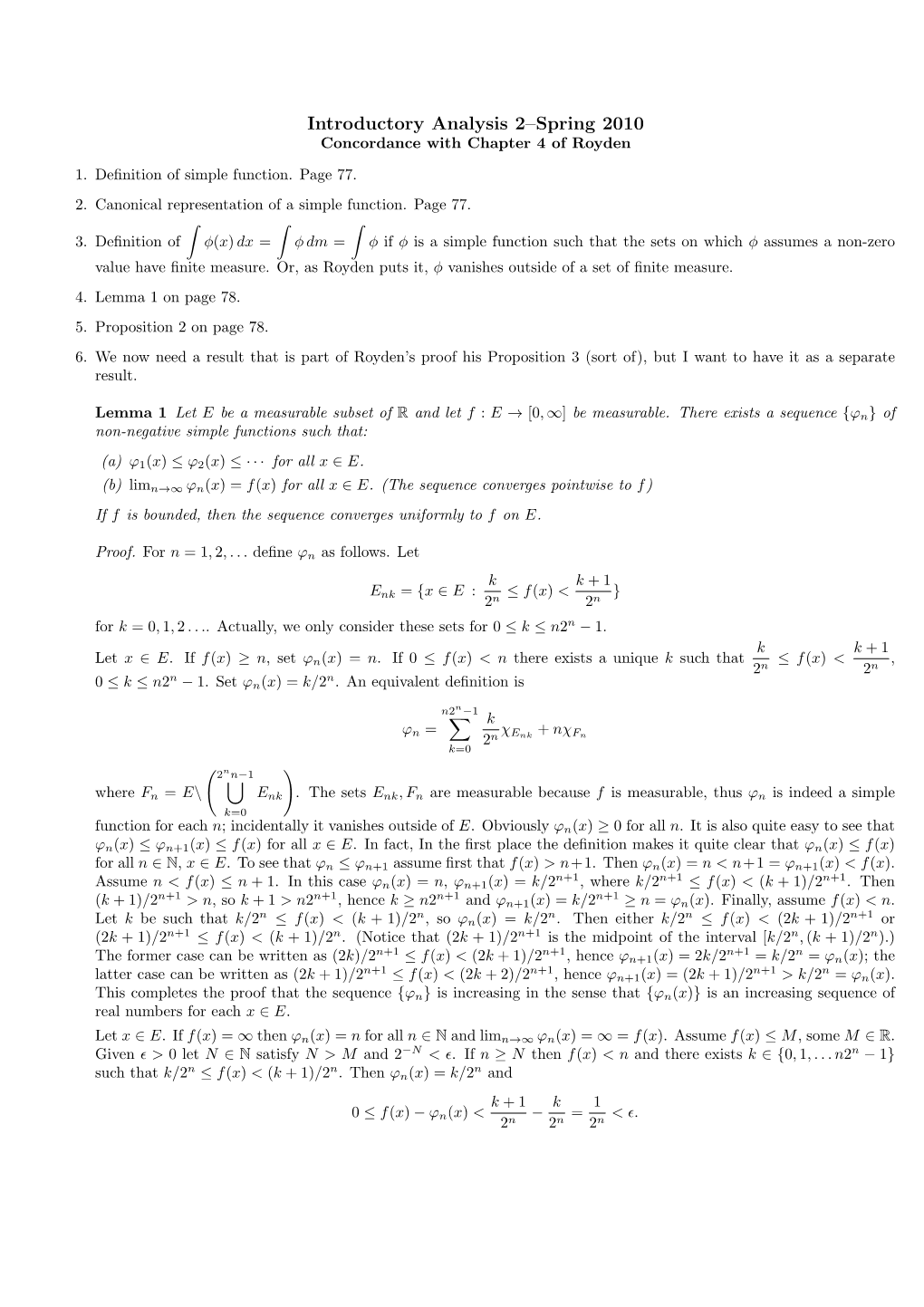 Introductory Analysis 2–Spring 2010 Concordance with Chapter 4 of Royden