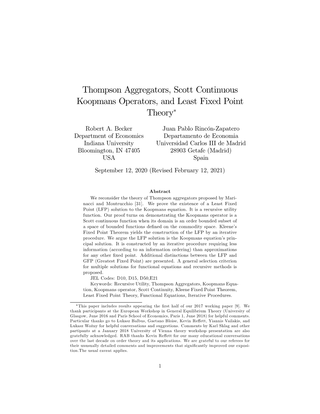 Thompson Aggregators, Scott Continuous Koopmans Operators, and Least Fixed Point Theory∗