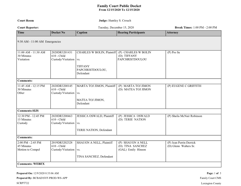 Family Court Public Docket from 12/15/2020 to 12/15/2020