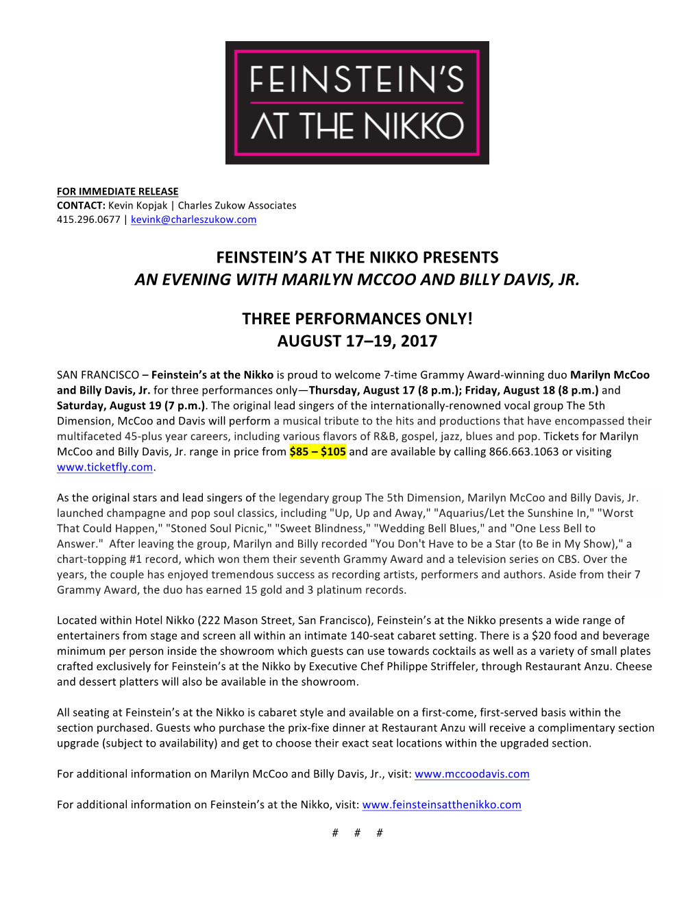 Feinstein's at the Nikko Presents an Evening With