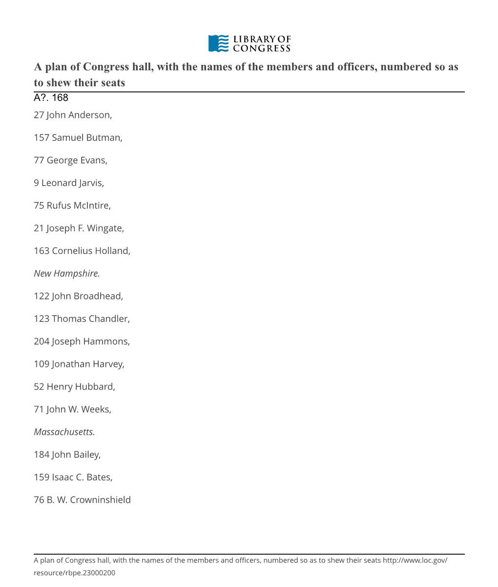 A Plan of Congress Hall, with the Names of the Members and Officers, Numbered So As to Shew Their Seats A?