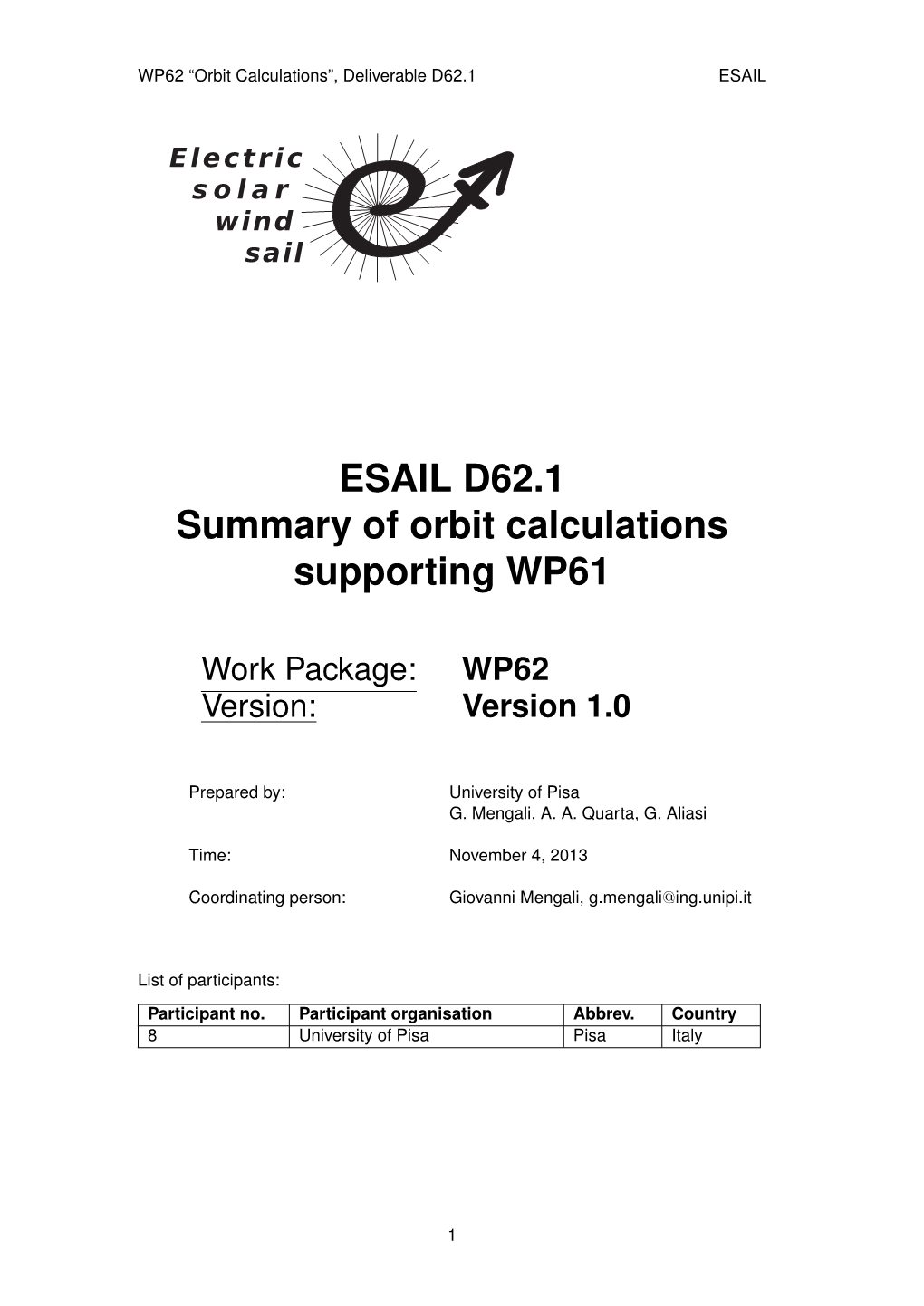 ESAIL D62.1 Summary of Orbit Calculations Supporting WP61