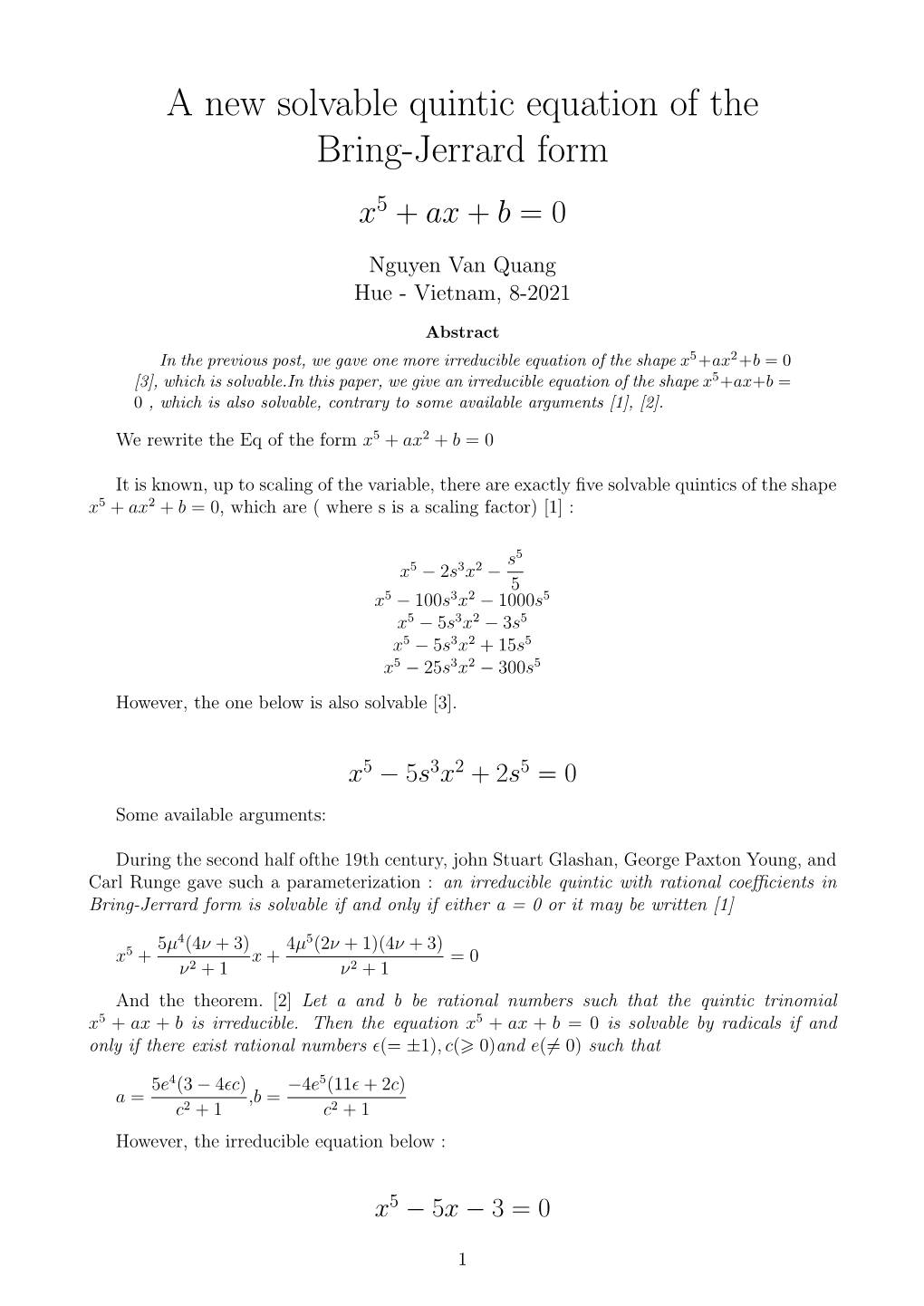 A New Solvable Quintic Equation of the Bring-Jerrard Form X5 + Ax + B = 0