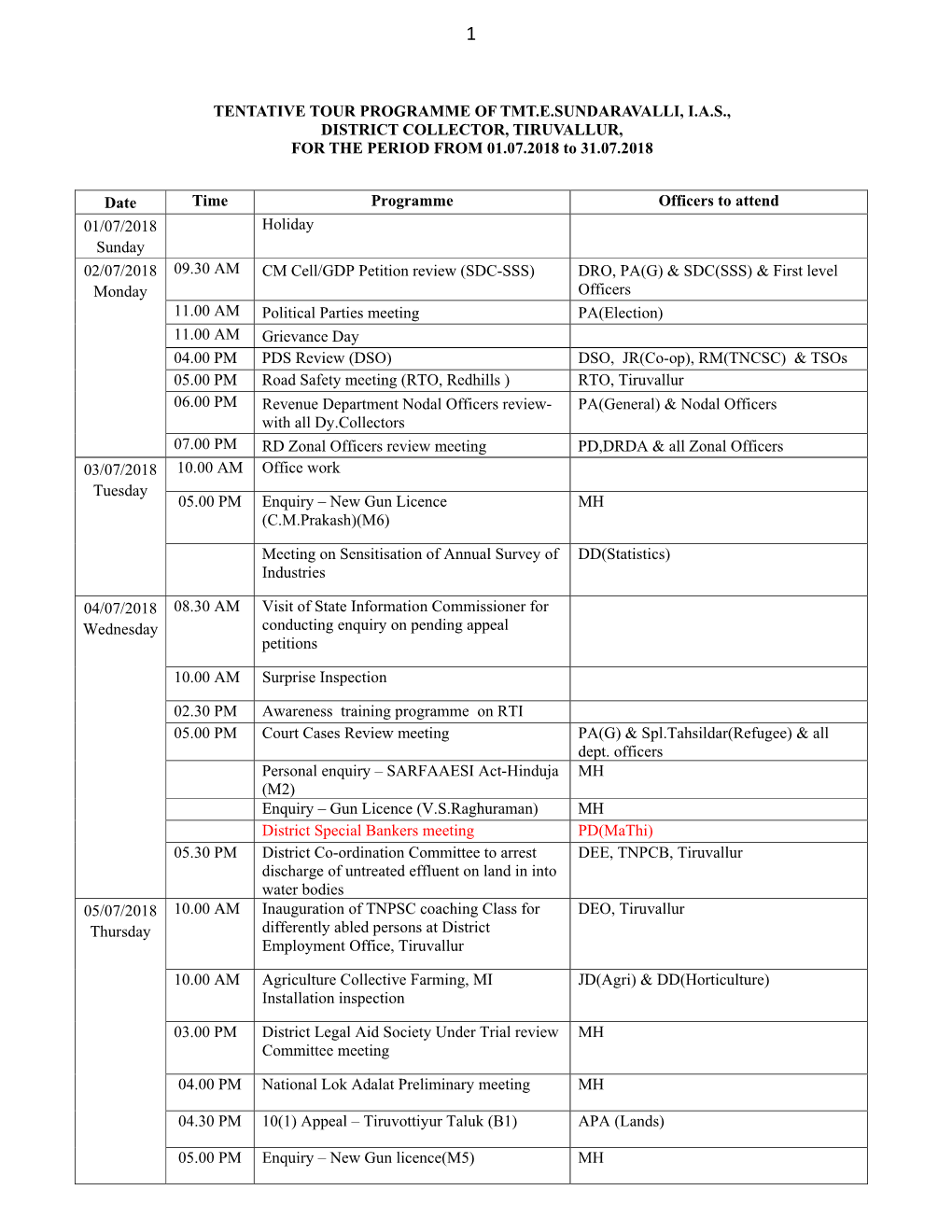TENTATIVE TOUR PROGRAMME of TMT.E.SUNDARAVALLI, I.A.S., DISTRICT COLLECTOR, TIRUVALLUR, for the PERIOD from 01.07.2018 to 31.07.2018