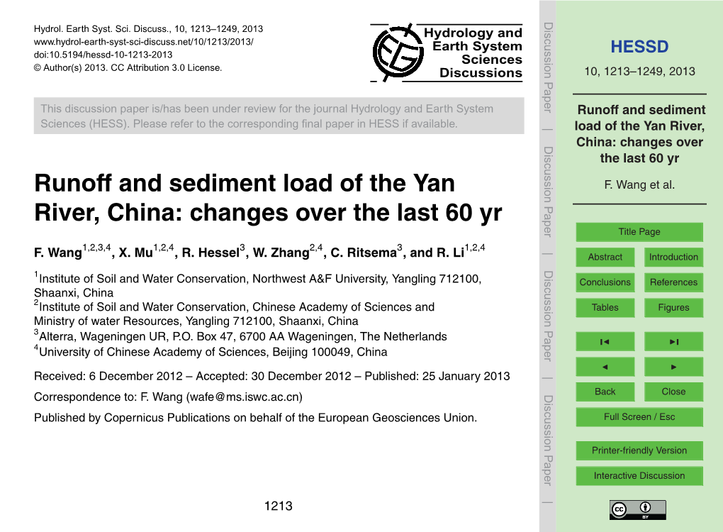 Runoff and Sediment Load of the Yan River, China