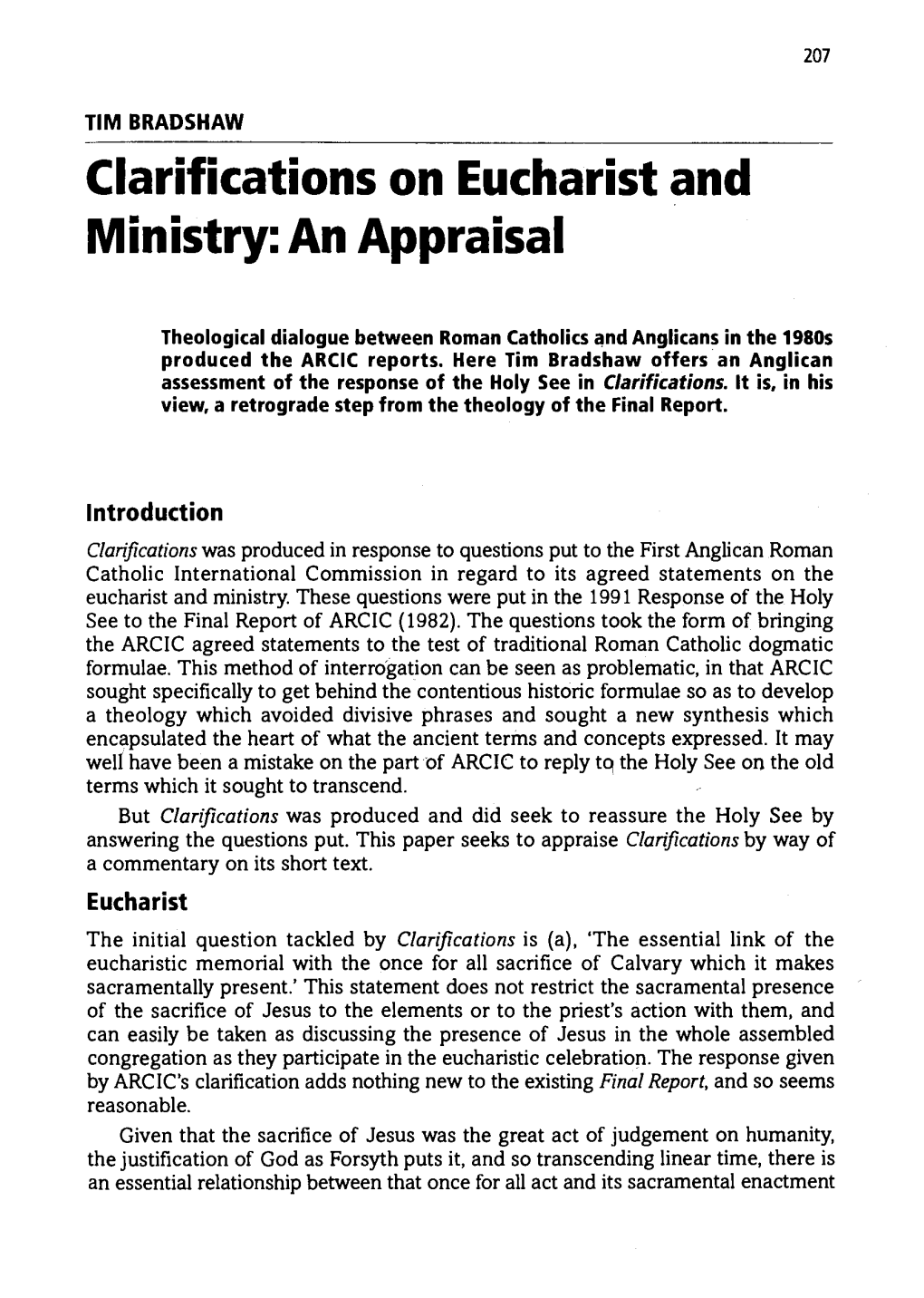 Clarifications on Eucharist and Ministry: an Appraisal
