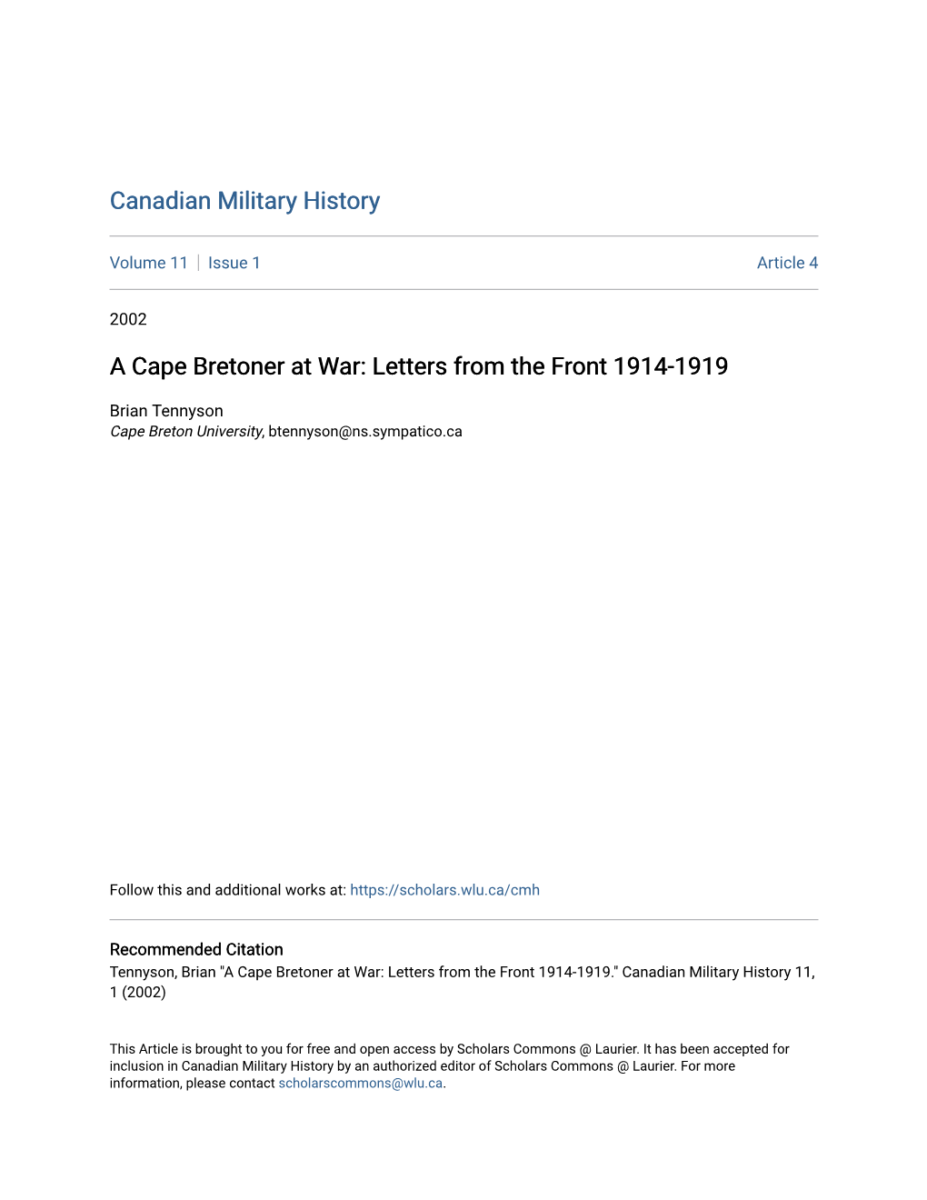A Cape Bretoner at War: Letters from the Front 1914-1919