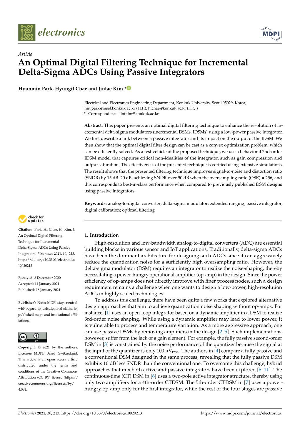 An Optimal Digital Filtering Technique for Incremental Delta-Sigma Adcs Using Passive Integrators