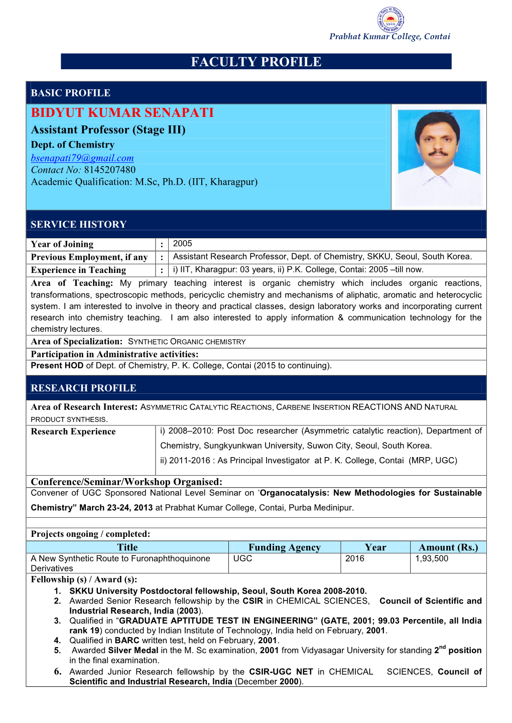 Format for CV of Teachers for Website Of