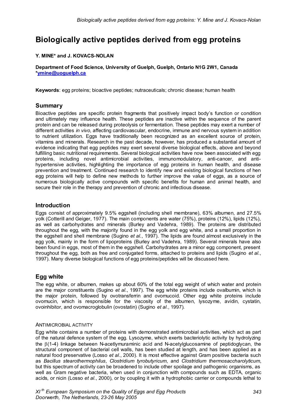 Biologically Active Peptides Derived from Egg Proteins: Y