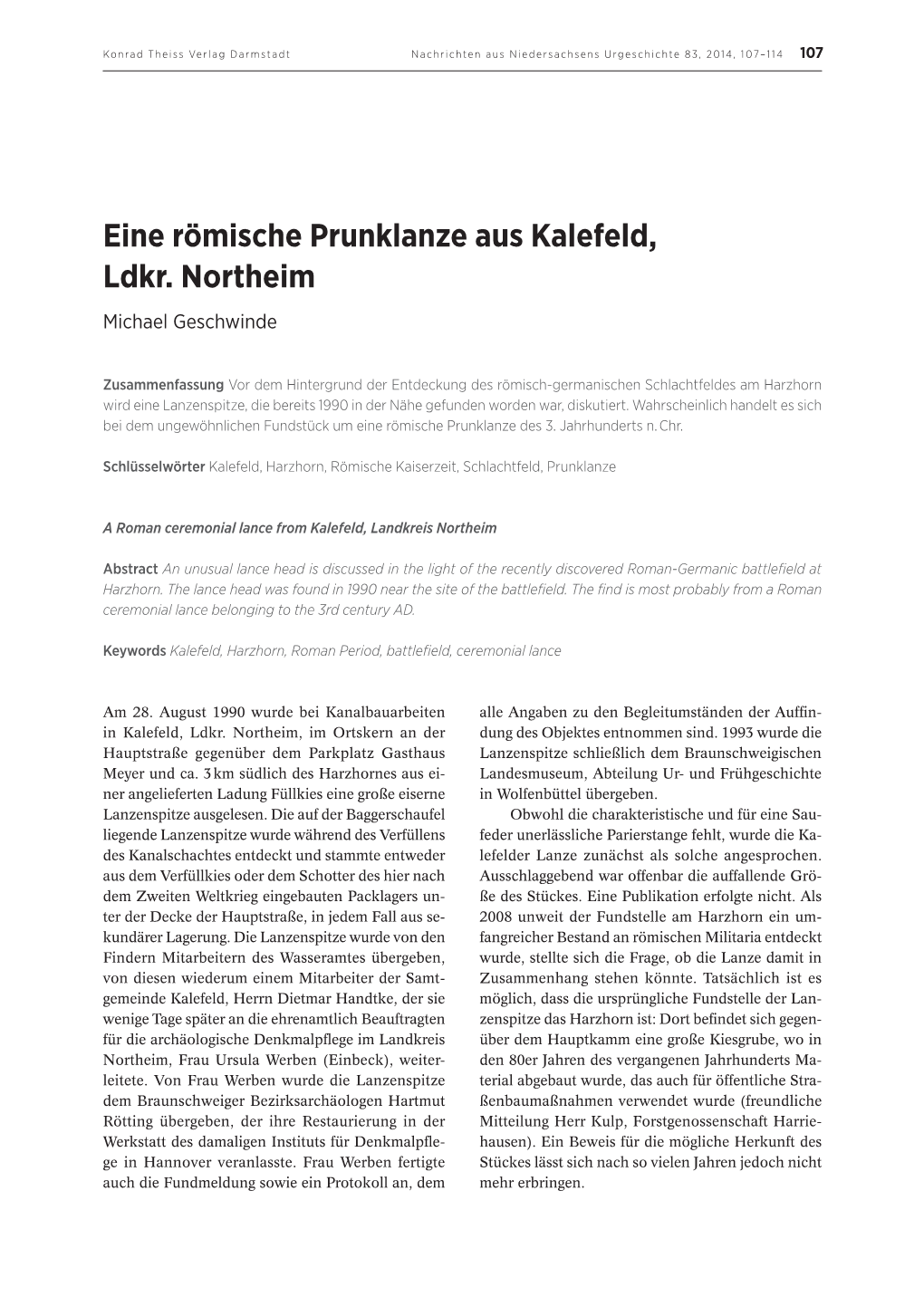 Eine Römische Prunklanze Aus Kalefeld, Ldkr. Northeim Michael Geschwinde