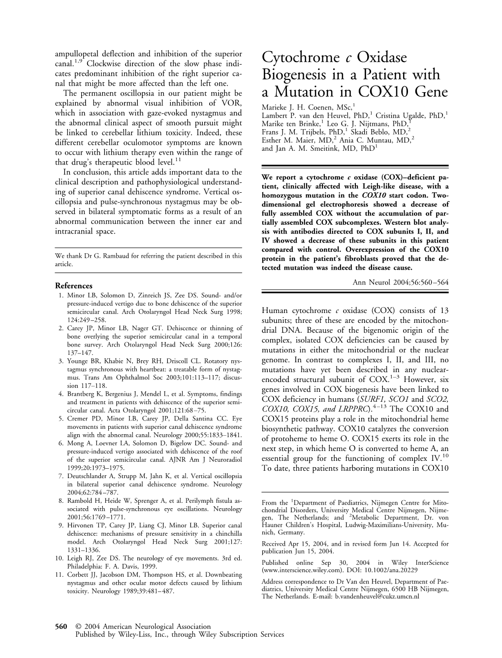 Cytochrome C Oxidase Biogenesis in a Patient with a Mutation in COX10