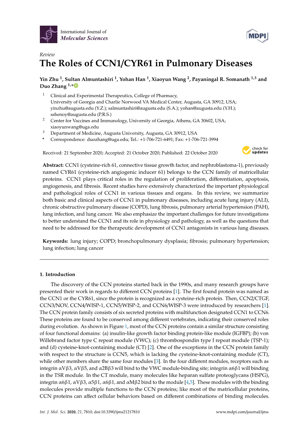 The Roles of CCN1/CYR61 in Pulmonary Diseases