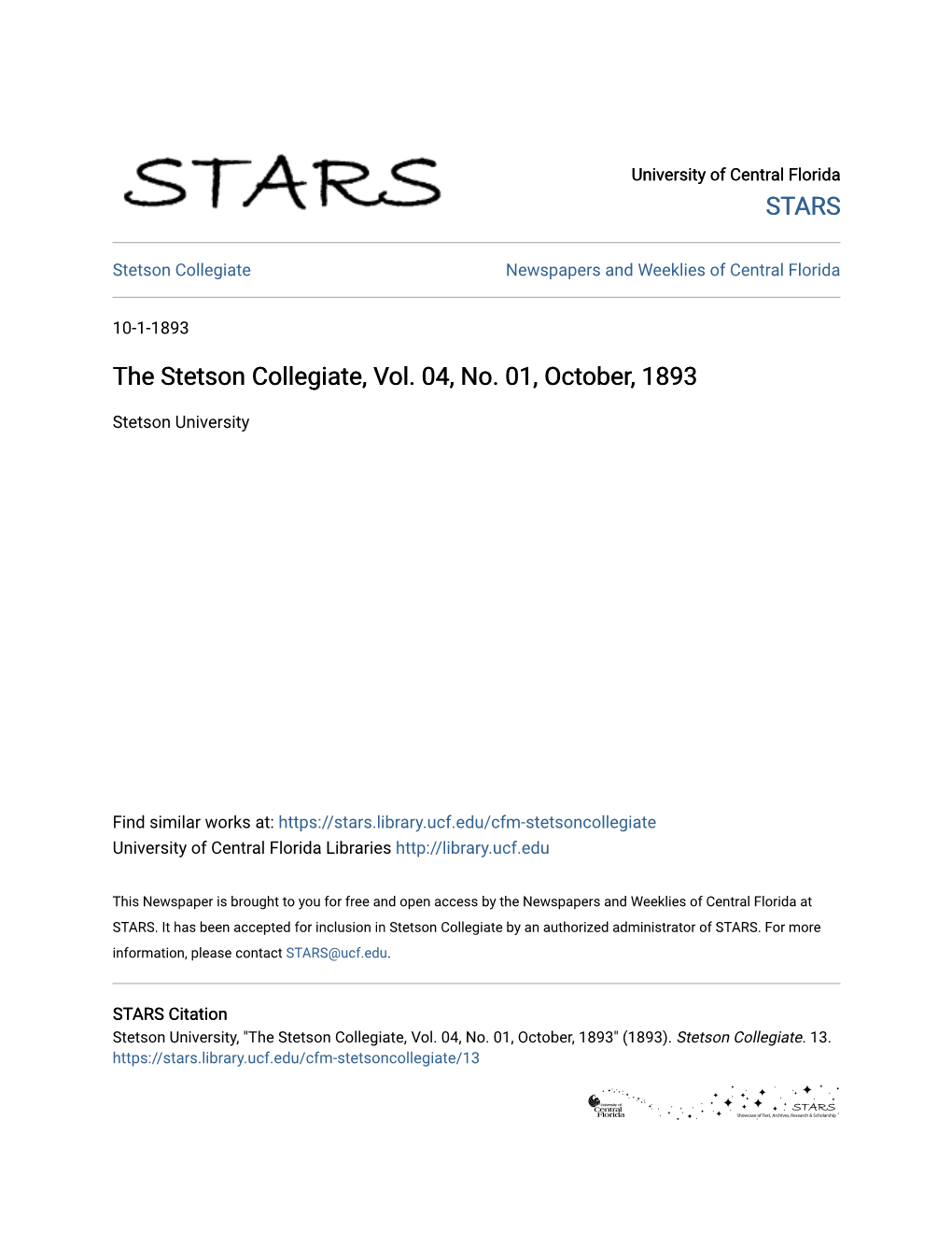 The Stetson Collegiate, Vol. 04, No. 01, October, 1893