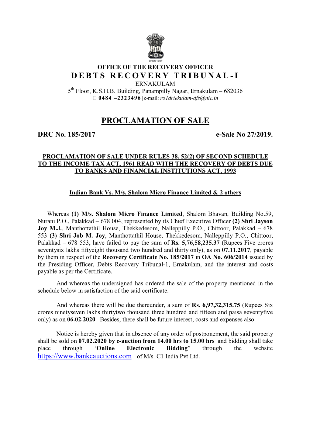 Debts Recovery Tribunal-I Proclamation of Sale