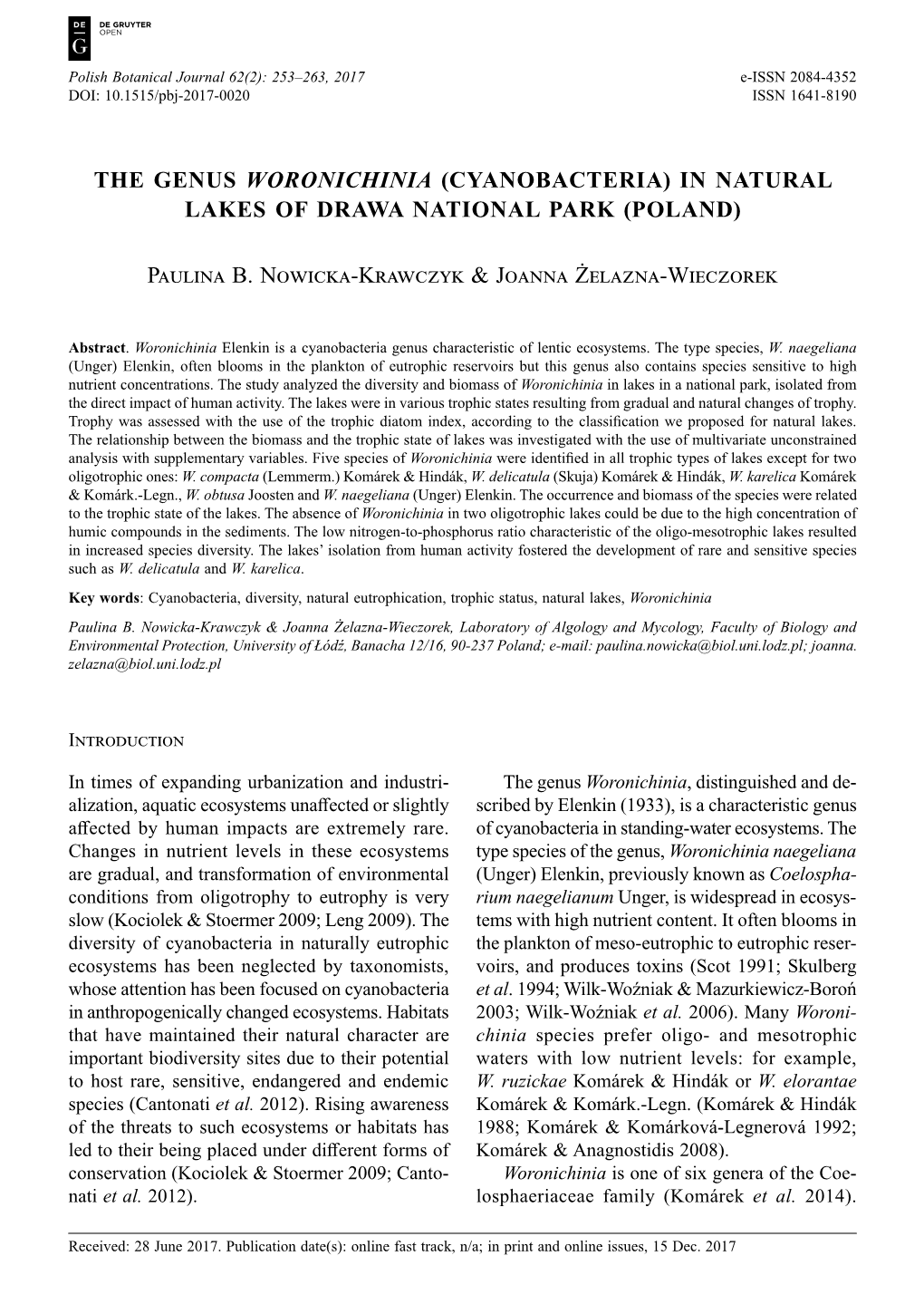 The Genus Woronichinia (Cyanobacteria) in Natural Lakes of Drawa National Park (Poland)