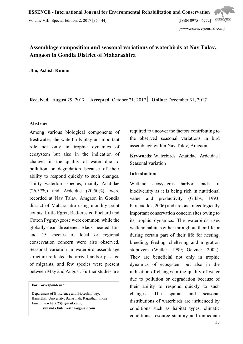 Assemblage Composition and Seasonal Variations of Waterbirds at Nav Talav, Amgaon in Gondia District of Maharashtra