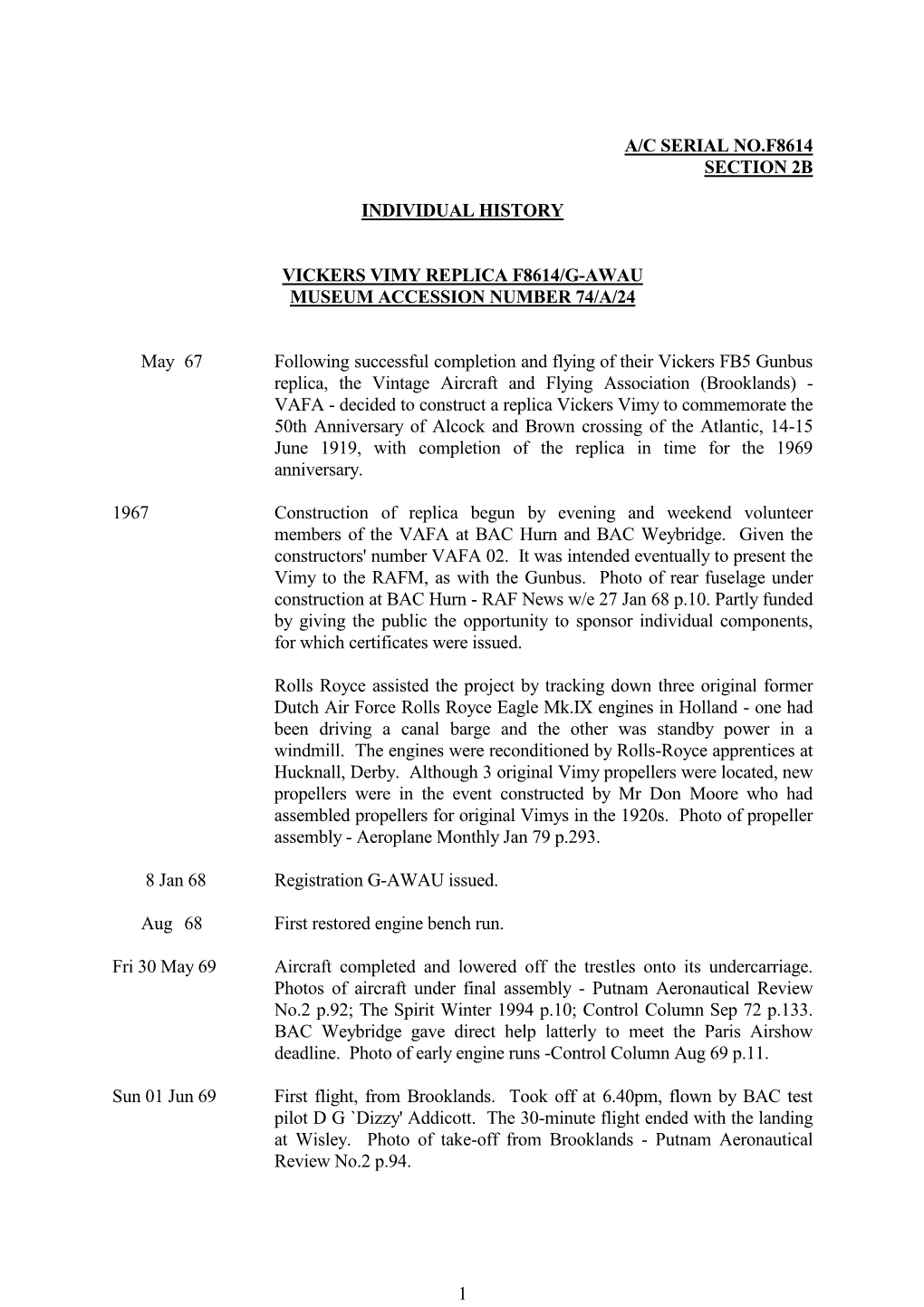 1 A/C Serial No.F8614 Section 2B Individual History Vickers