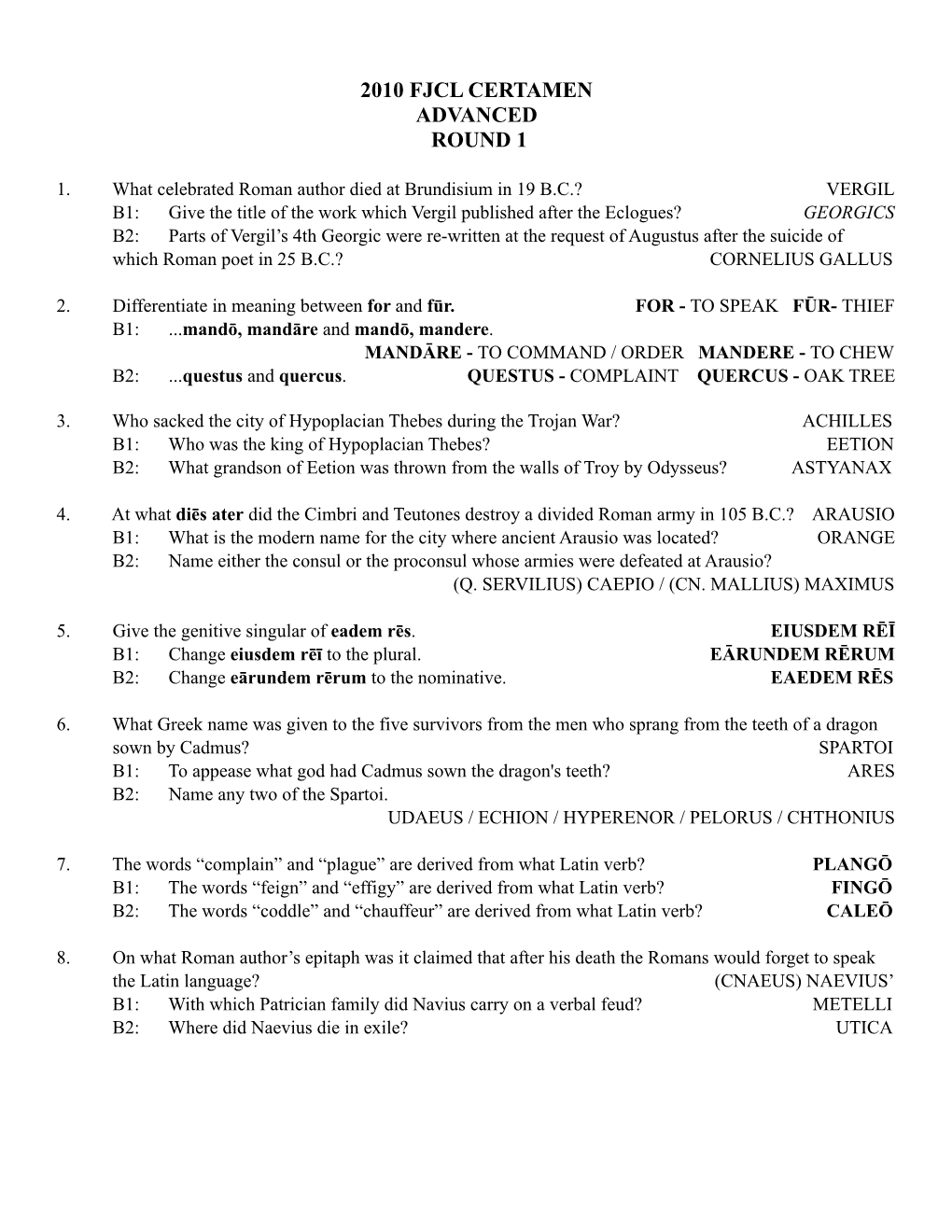 2010 FJCL Certamen Advanced Revised