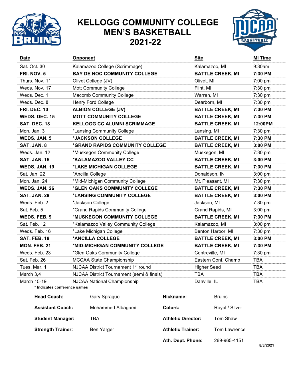 Kellogg Community College Men's Basketball 2021-22