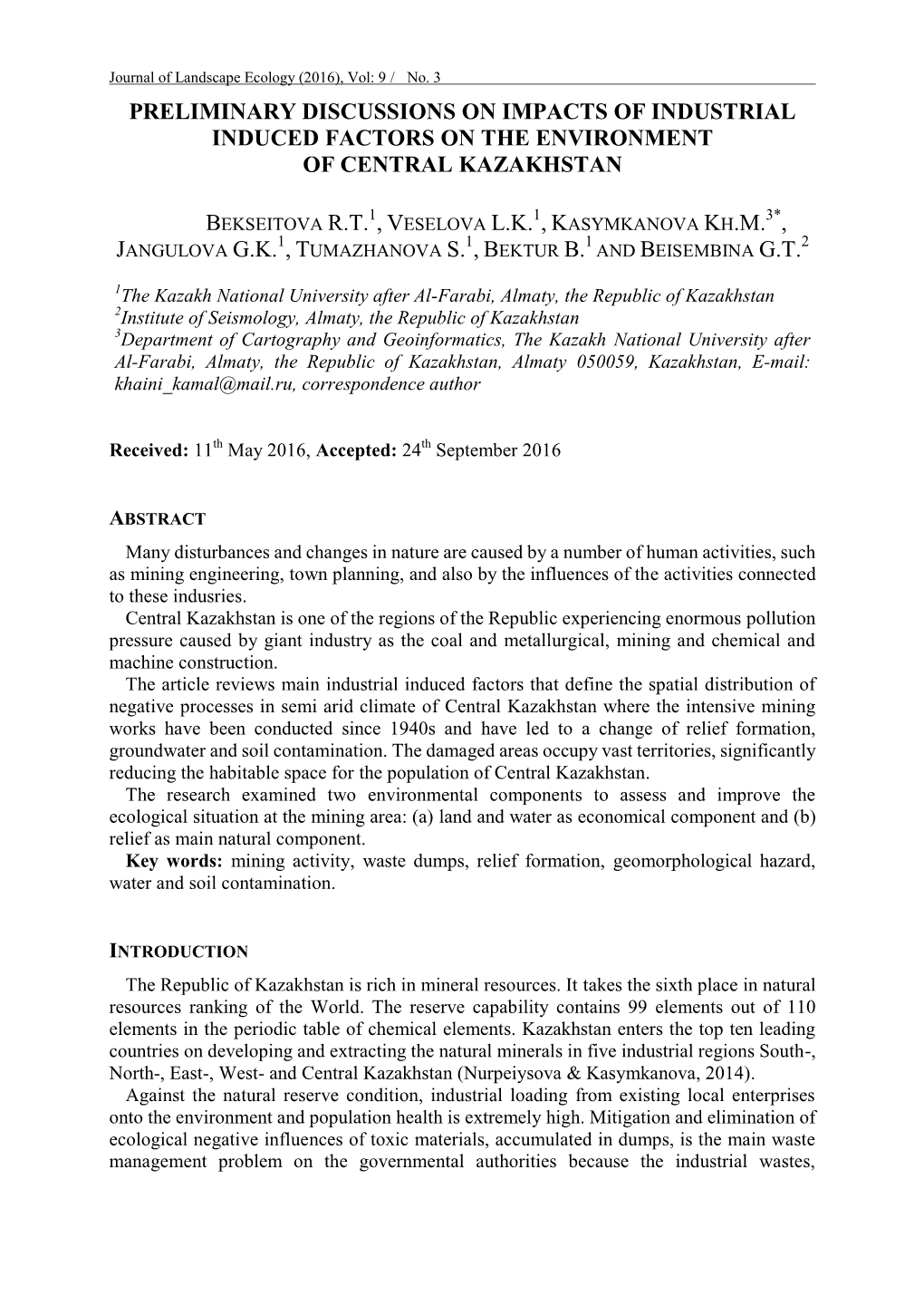 Preliminary Discussions on Impacts of Industrial Induced Factors on the Environment of Central Kazakhstan