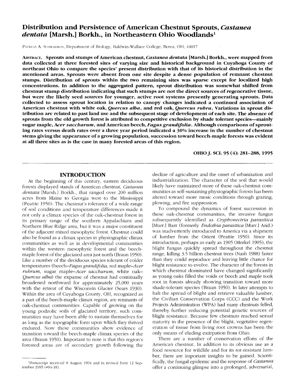 Distribution and Persistence of American Chestnut Sprouts, Castanea Dentata (Marsh.) Borkh., in Northeastern Ohio Woodlands