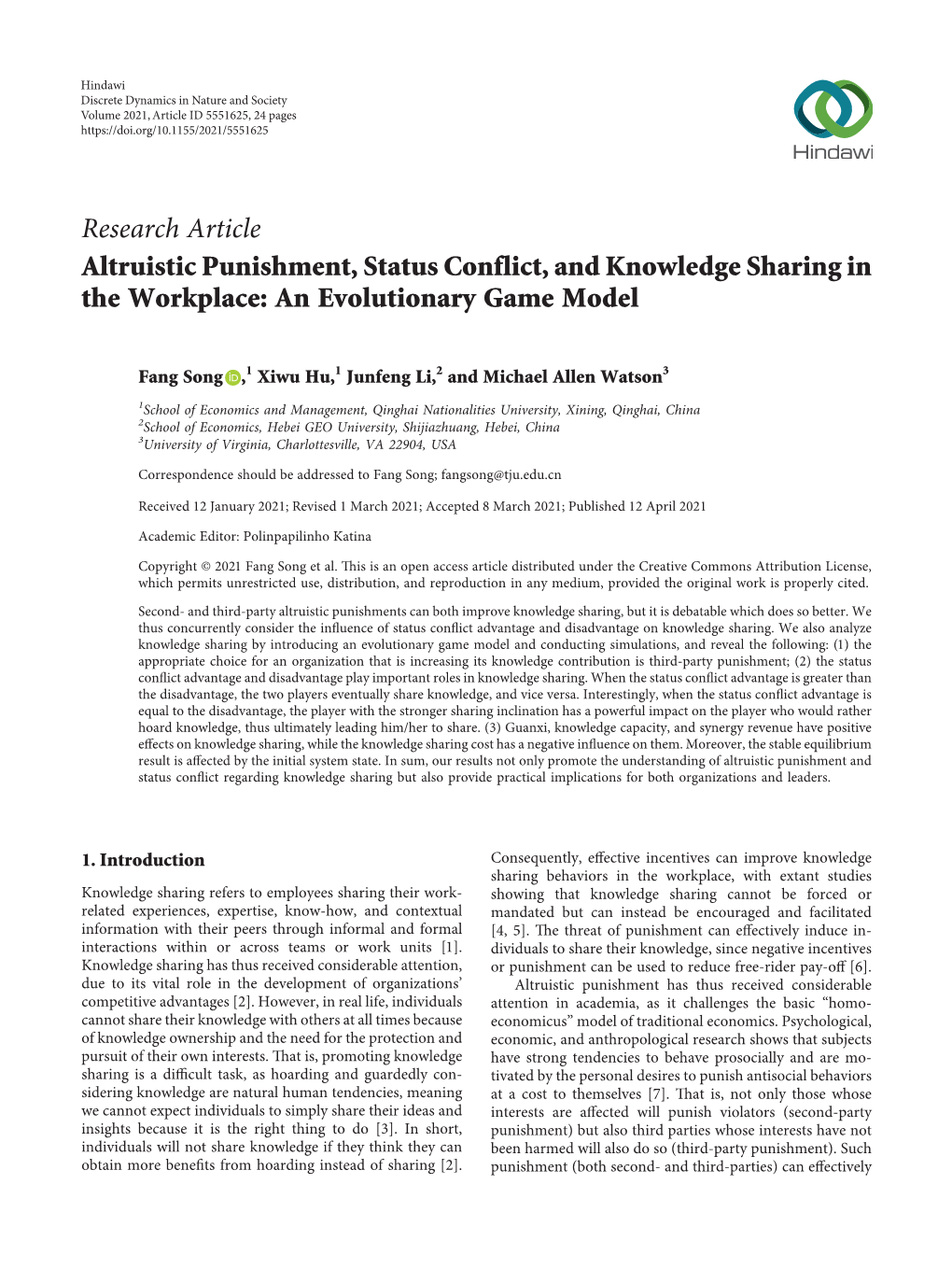 Altruistic Punishment, Status Conflict, and Knowledge Sharing in the Workplace: an Evolutionary Game Model