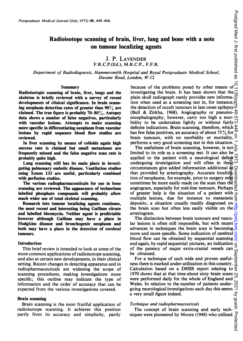 Radioisotope Scanning of Brain, Liver, Lung and Bone with a Note on Tumour Localizing Agents J