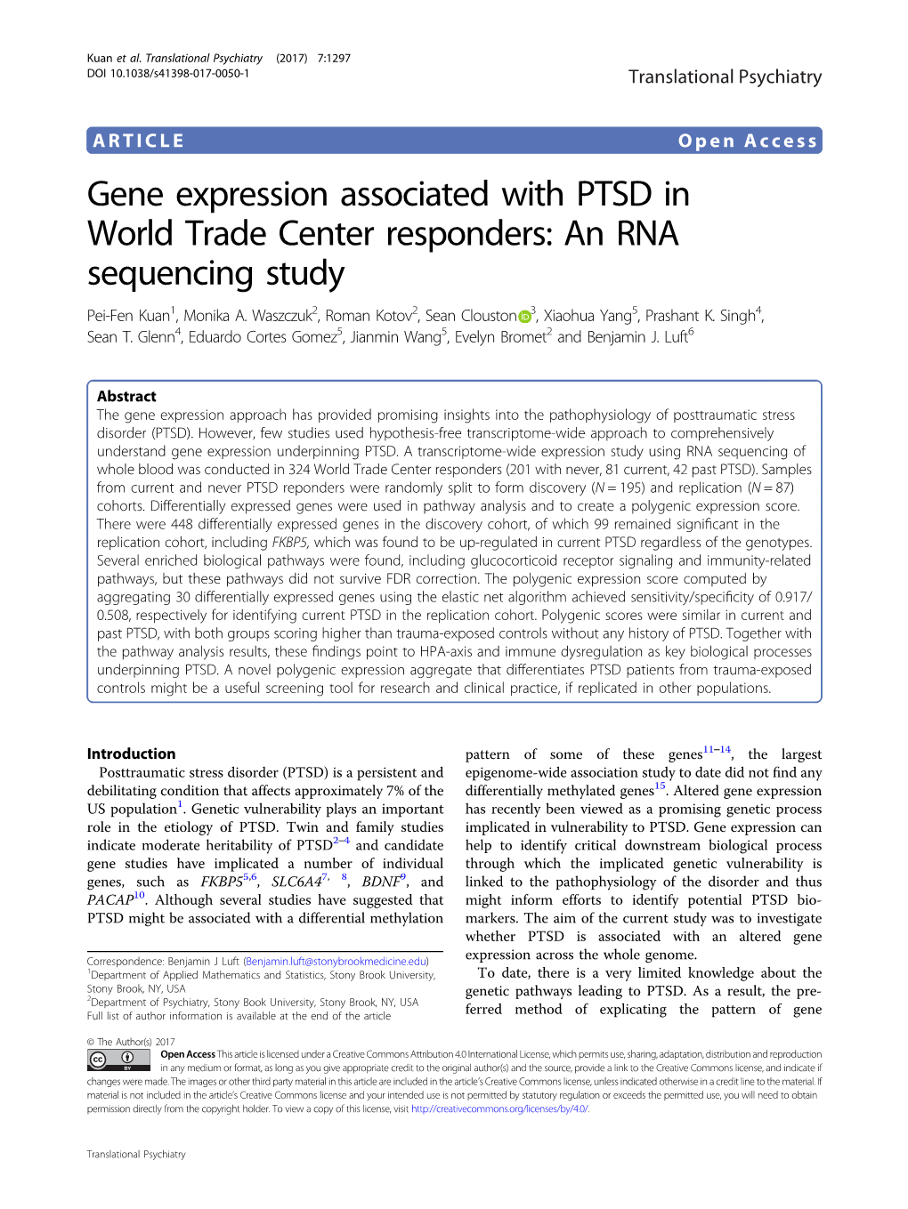 Gene Expression Associated with PTSD in World Trade Center Responders: an RNA Sequencing Study Pei-Fen Kuan1, Monika A
