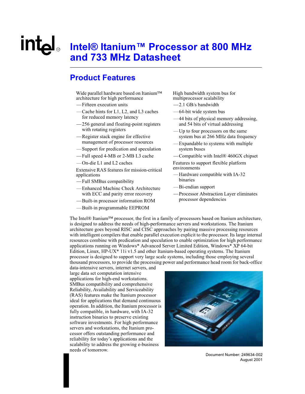 Intel® Itanium™ Processor at 800 Mhz and 733 Mhz Datasheet