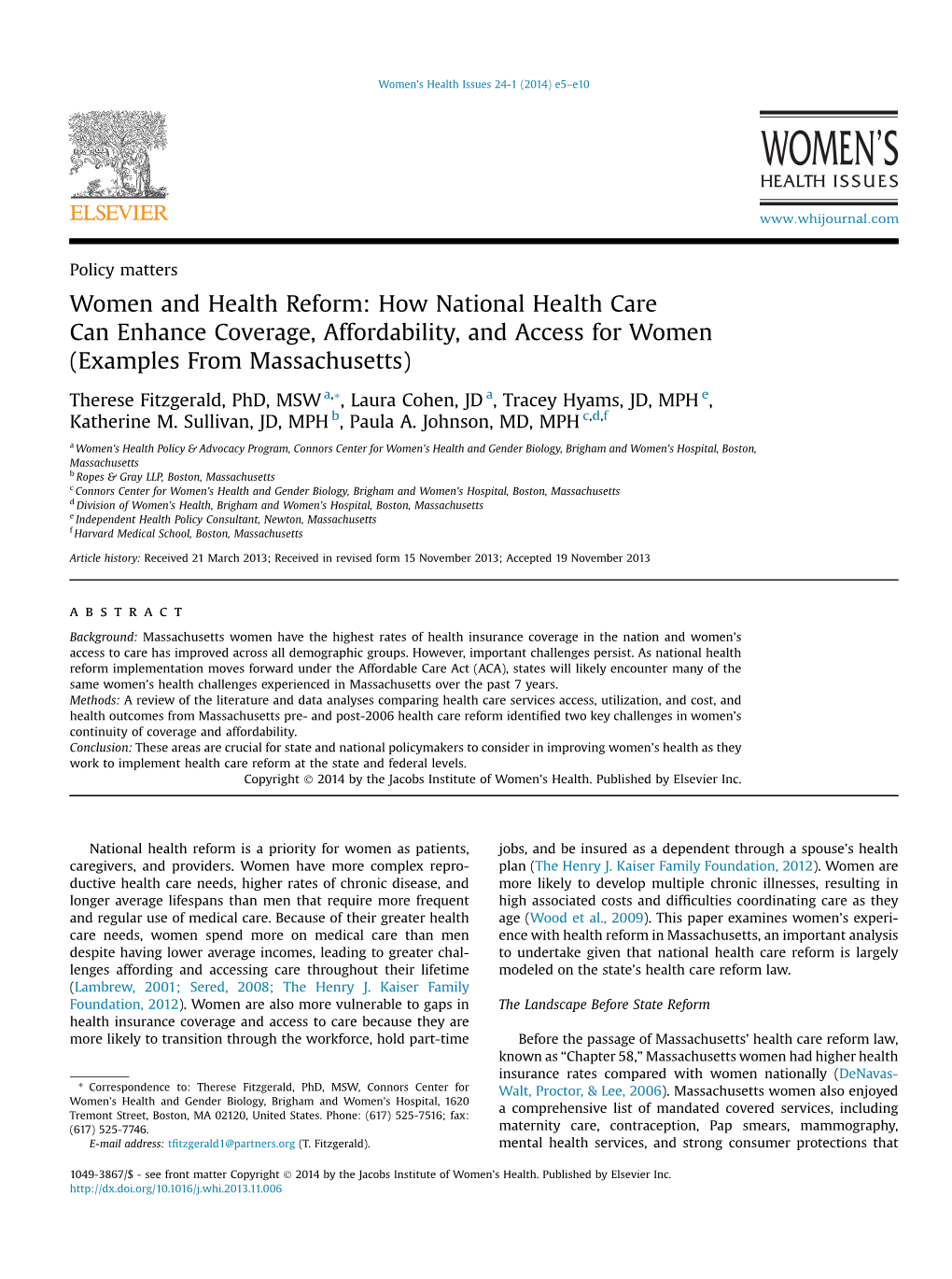 Women and Health Reform: How National Health Care Can Enhance Coverage, Affordability, and Access for Women (Examples from Massachusetts)