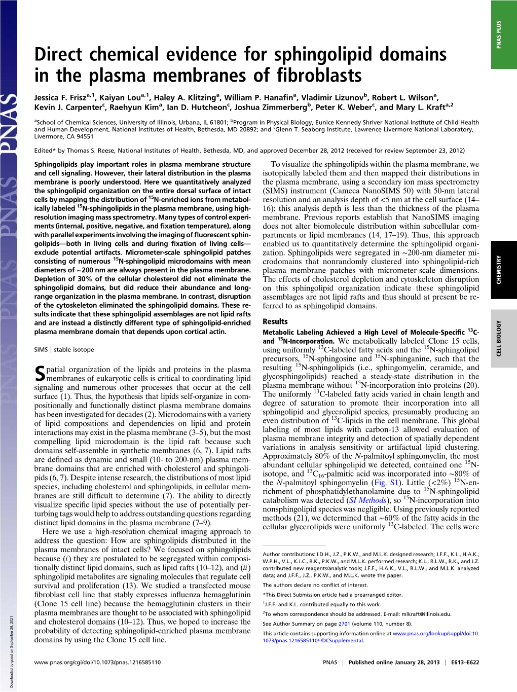 Direct Chemical Evidence for Sphingolipid Domains in the Plasma