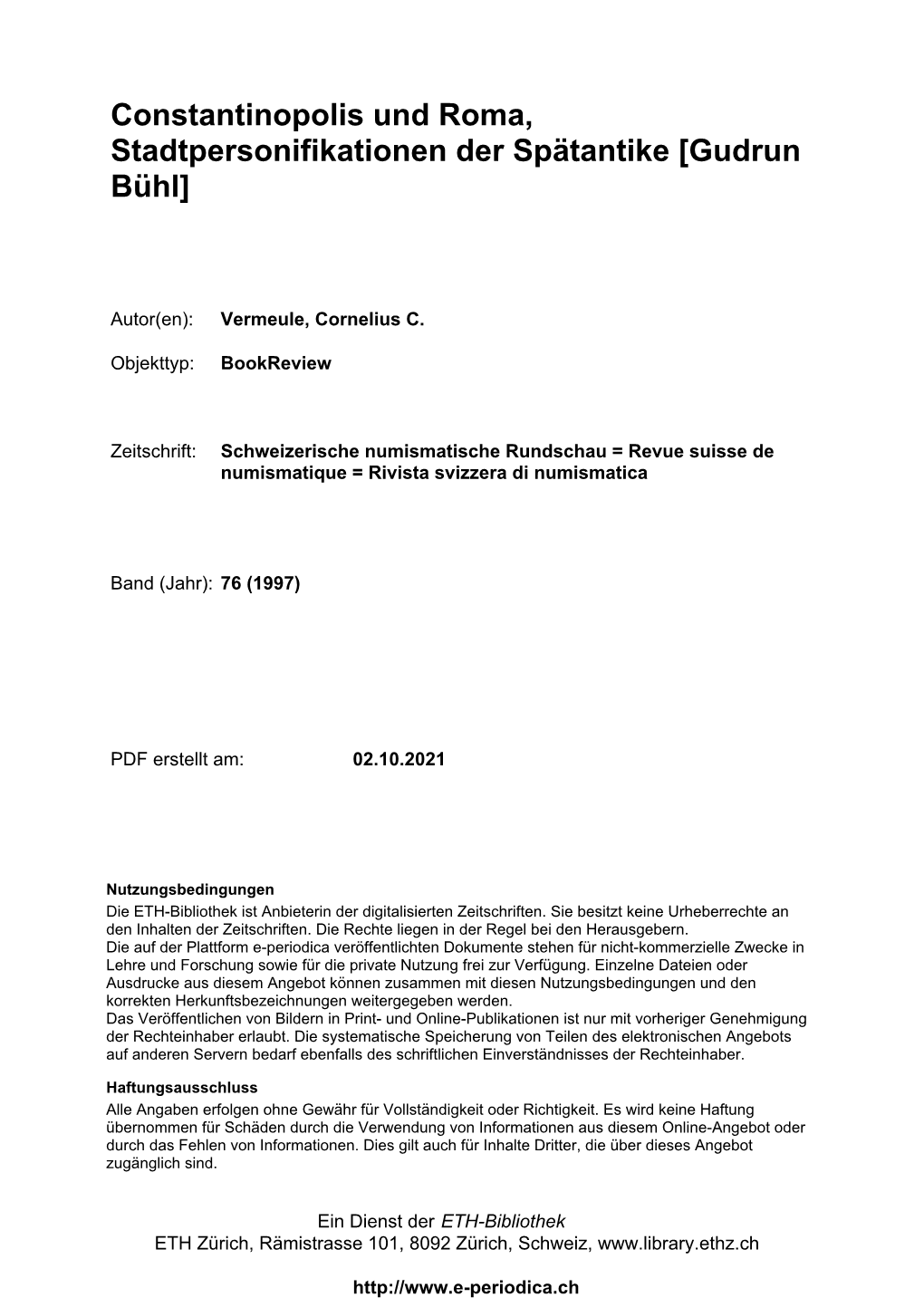 Constantinopolis Und Roma, Stadtpersonifikationen Der Spätantike [Gudrun Bühl]