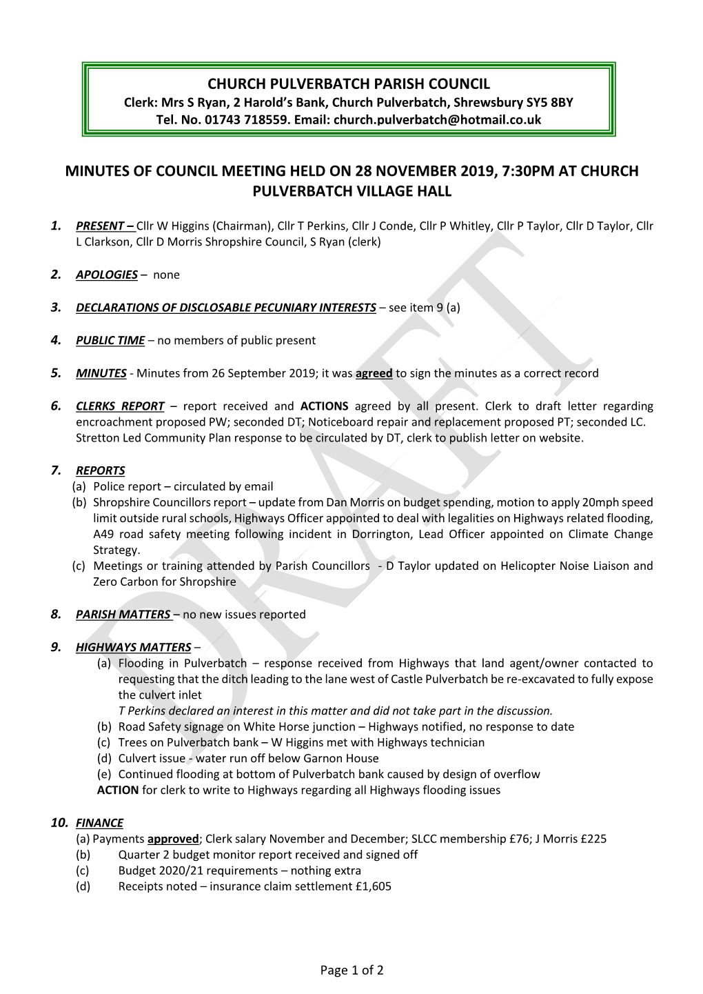 Minutes of Council Meeting Held on 28 November 2019, 7:30Pm at Church Pulverbatch Village Hall